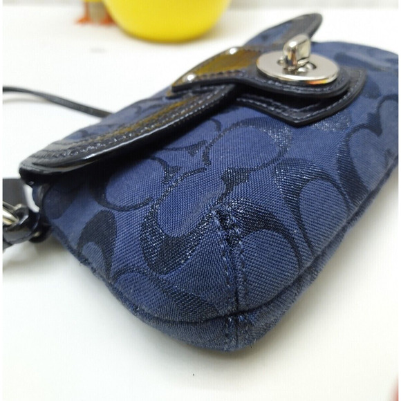 Coach Legacy Signature Blue Canvas Black Leather Trim Flap Wristlet -Coin Wallet - Picture 8 of 12